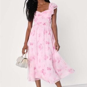 Lulus Loveliest Darling Light Pink Floral Ruffled Tie-Back Midi Dress NWT